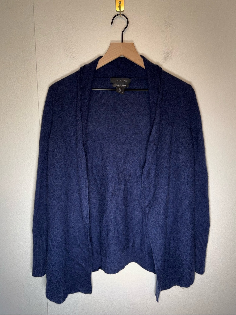 TAHARI Cashmere Old Money Long Line Open Front Navy Cozy Cardigan Sweater S
